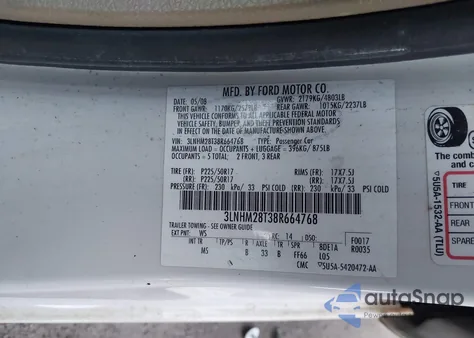 2008 Lincoln Mkz z USA, uszkodzony, nr VIN 3LNHM28T38R664768